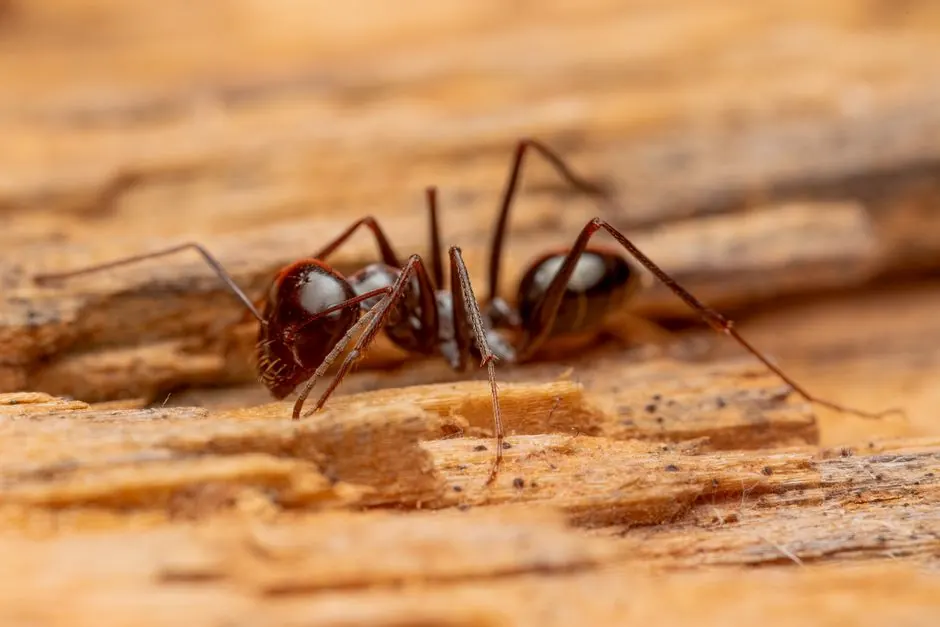 Close-up image of a black ant exploring a wooden surface in Picassent, Spain.